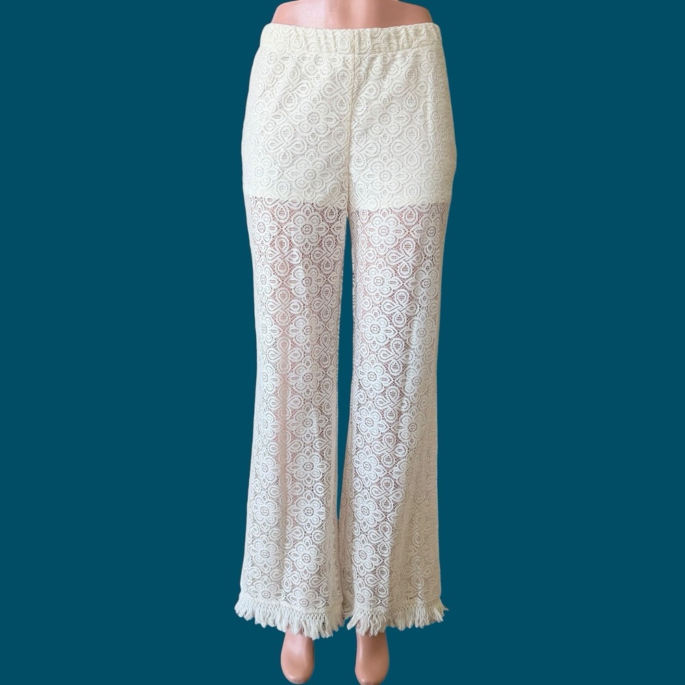 Crochet Lace Wide-Leg Pants MED Fringe Hem Boho Festival Woodstock Palazzo NWT